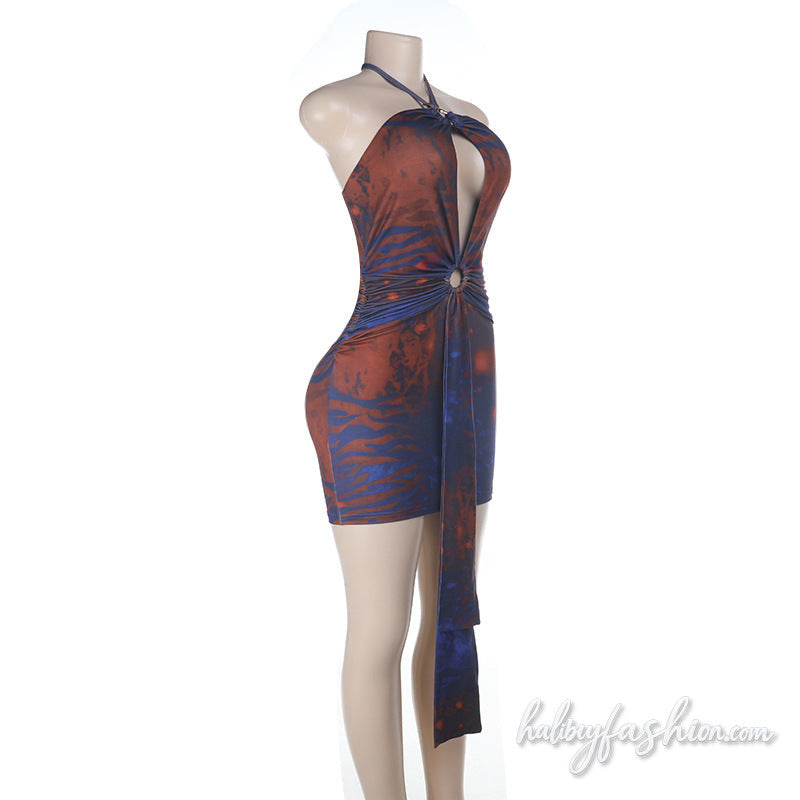 Ruched hollow out print self tie halter mini dress