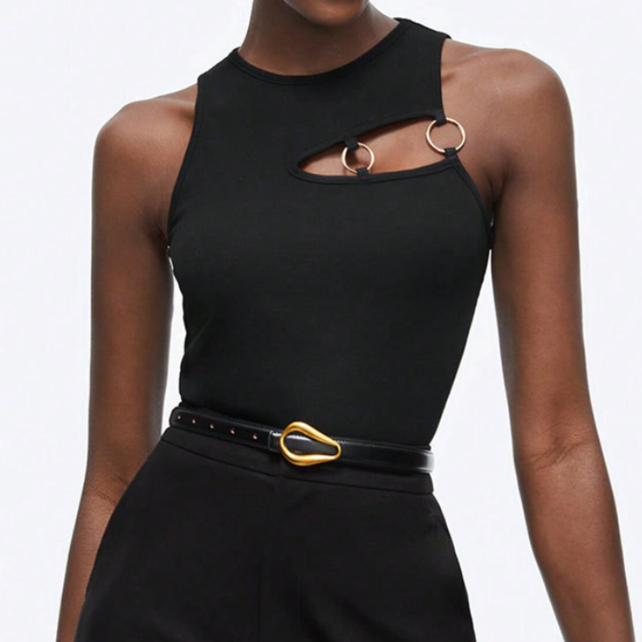 Crewneck o ring hollow out irregular black cut out top  | Festival Outfits Women