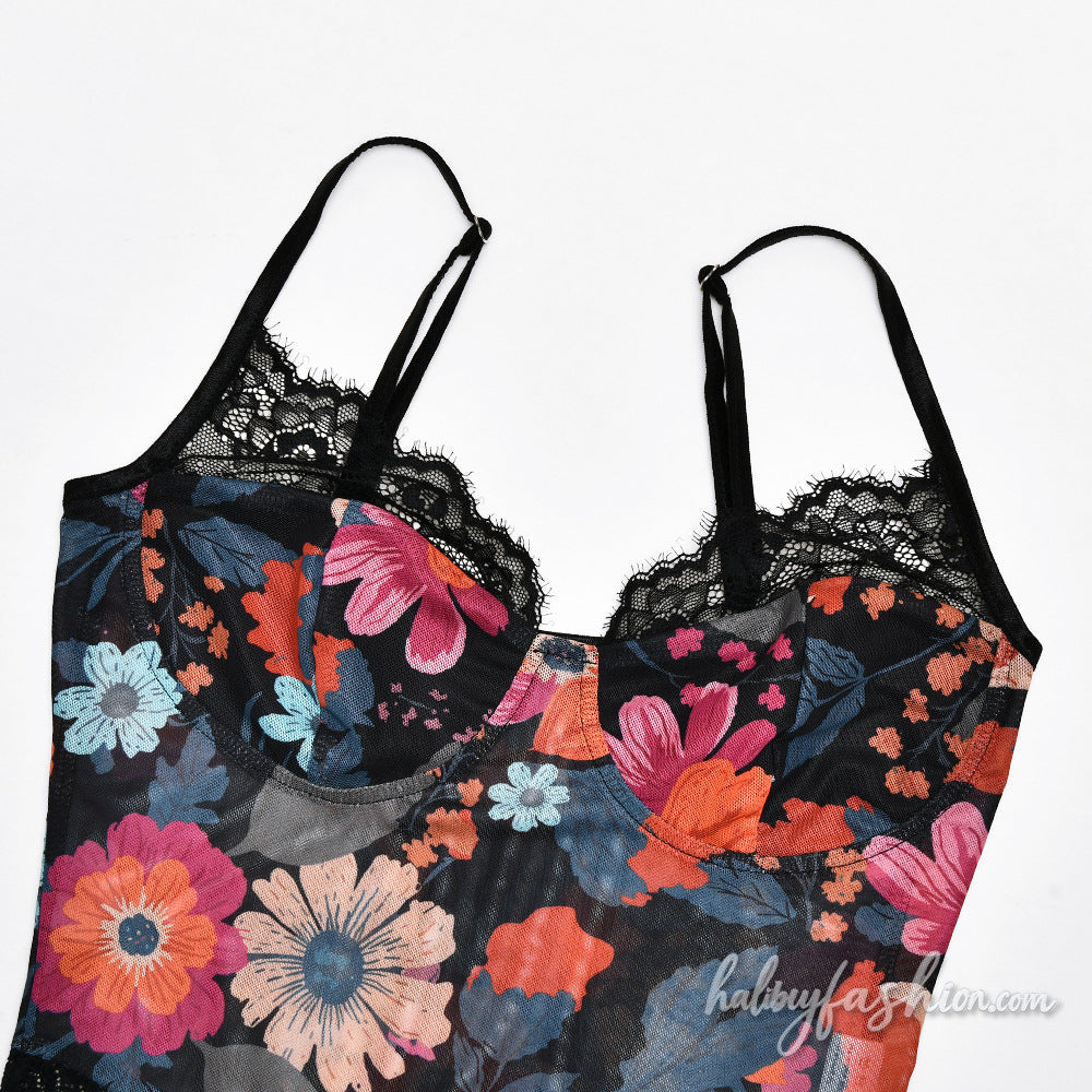 Lace hem v neck flower print mesh cami bodysuit