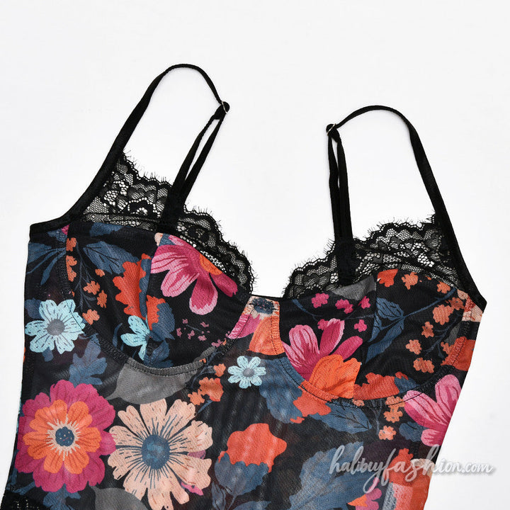 Lace hem v neck flower print mesh cami bodysuit