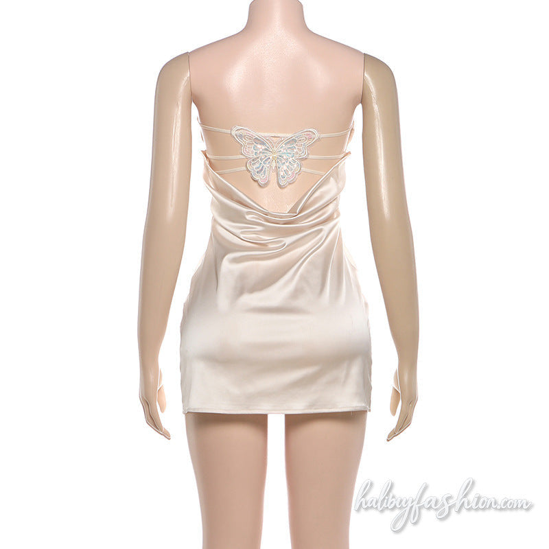 Satin glitter butterfly embroidery tube mini dress