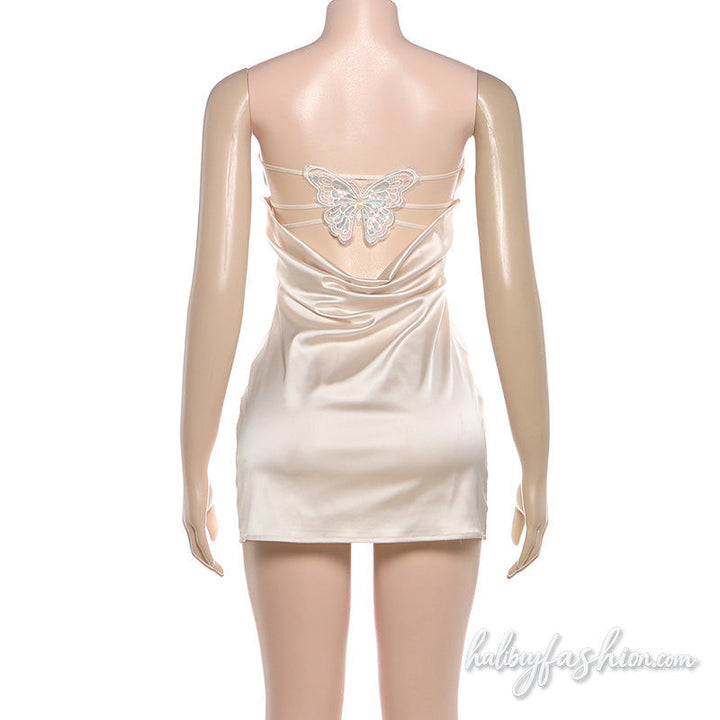 Satin glitter butterfly embroidery tube mini dress