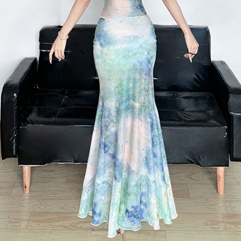 Ruched print glitter contrast maxi skirt  | Festival Outfits Women