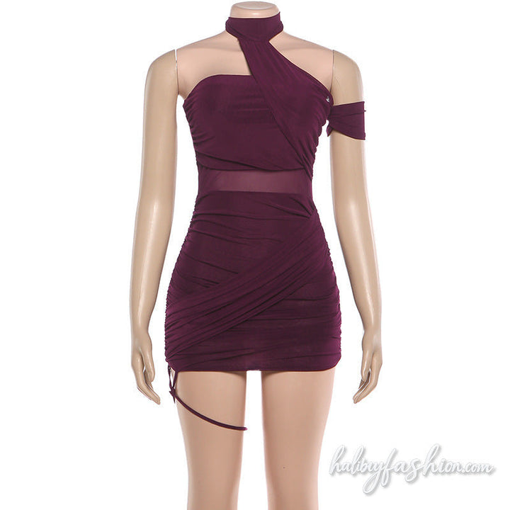 Halter ruched irregular mesh solid mini dress