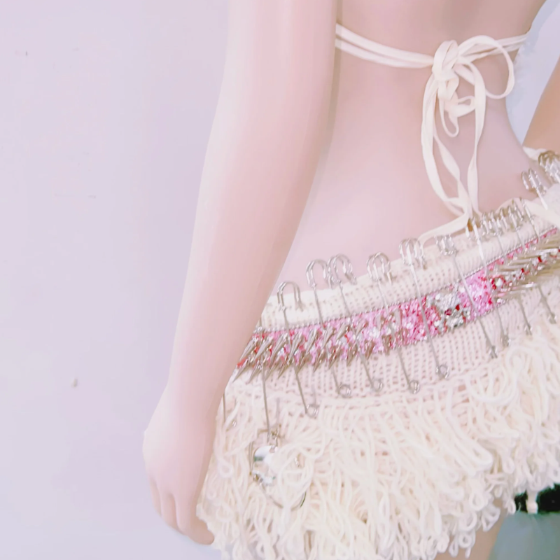 Fluffy rivet halter skull applique self tie mini skirt set  | Festival Outfits Women