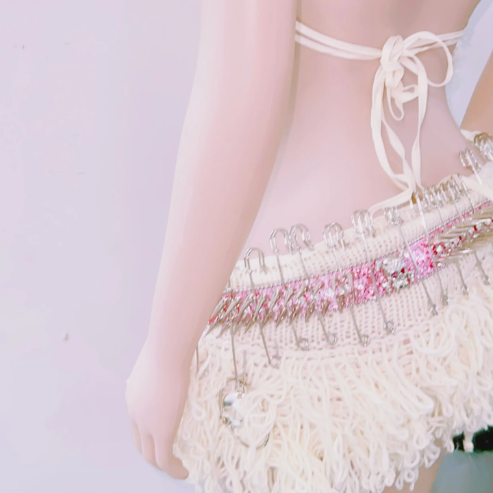 Fluffy rivet halter skull applique self tie mini skirt set  | Festival Outfits Women