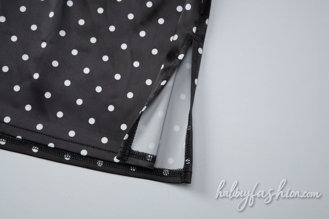 Cross back spaghetti strap lace hem polka dot mini dress - Halibuy - 6