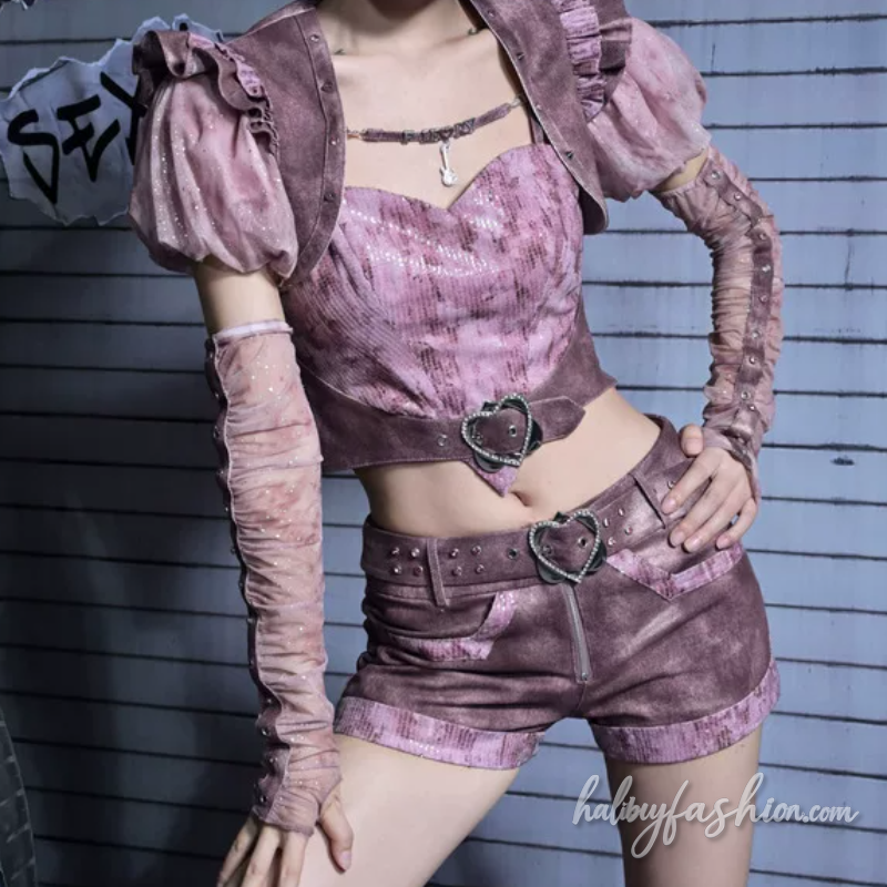 Glitter patchwork zip-up belt jeans
