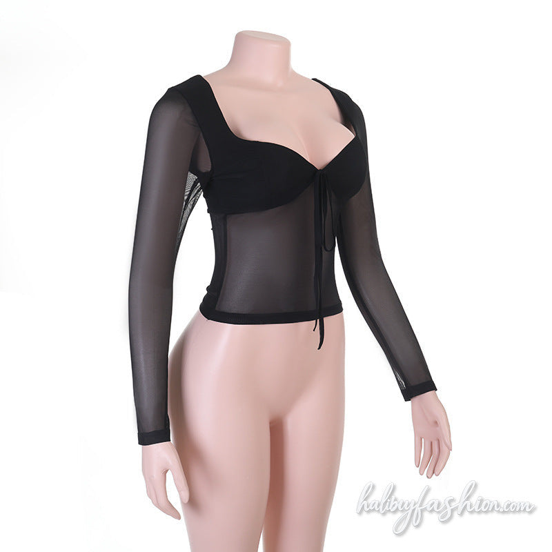 Long sleeve self tie v neck mesh backless top
