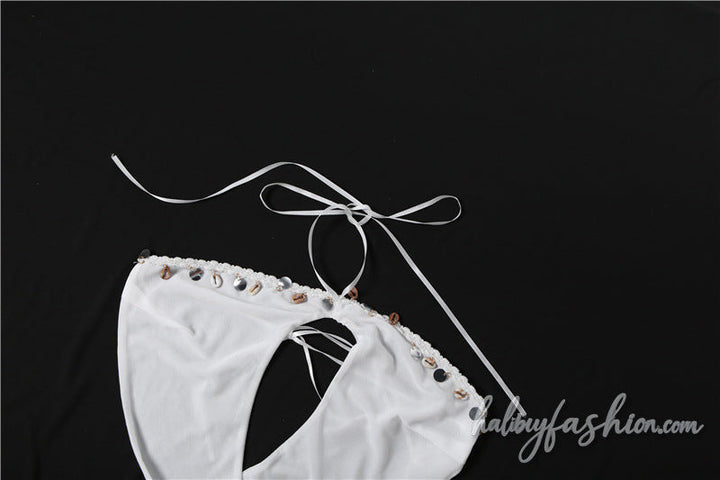 Hollow out halter self tie shell applique top
