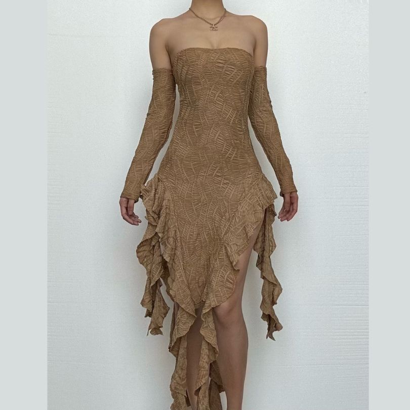 Gloves ruffle backless tube midi dress-final-sale