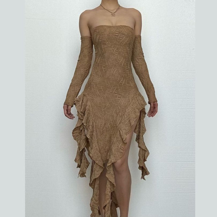 Gloves ruffle backless tube midi dress-final-sale