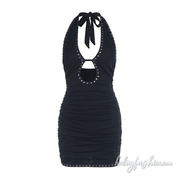 Halter self tie hollow out ruched mini dress