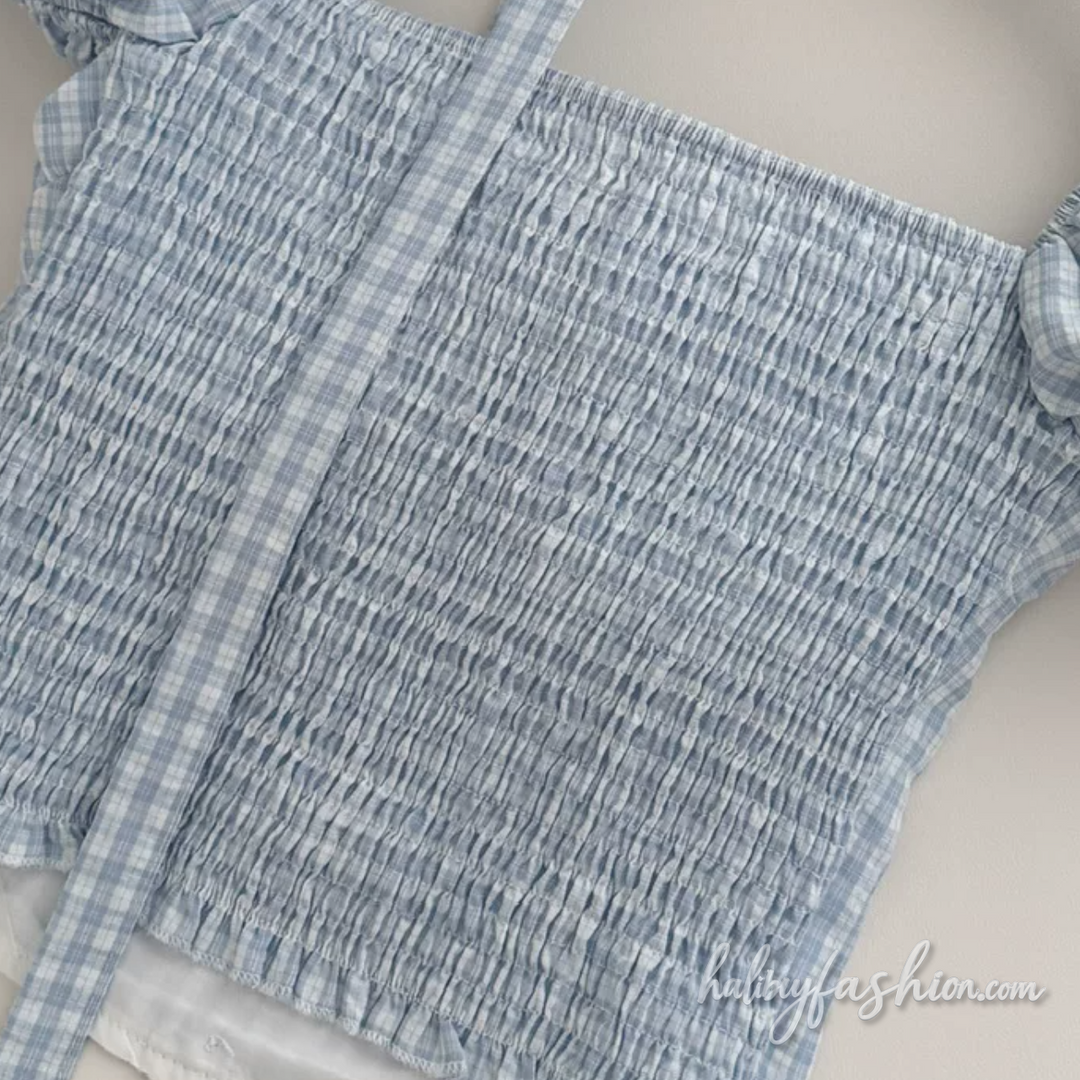 Bowknot plaid puff sleeve ruched square neck mini skirt set - Halibuy - 6