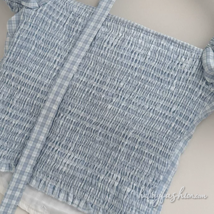 Bowknot plaid puff sleeve ruched square neck mini skirt set - Halibuy - 6