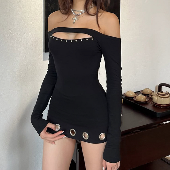 Off shoulder long sleeve hollow out cut out mini dress  | Festival Outfits Women