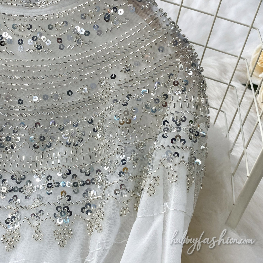 Glitter button crewneck beaded maxi dress