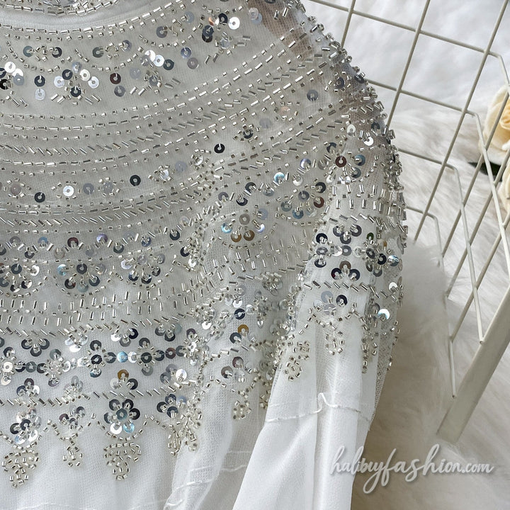 Glitter button crewneck beaded maxi dress