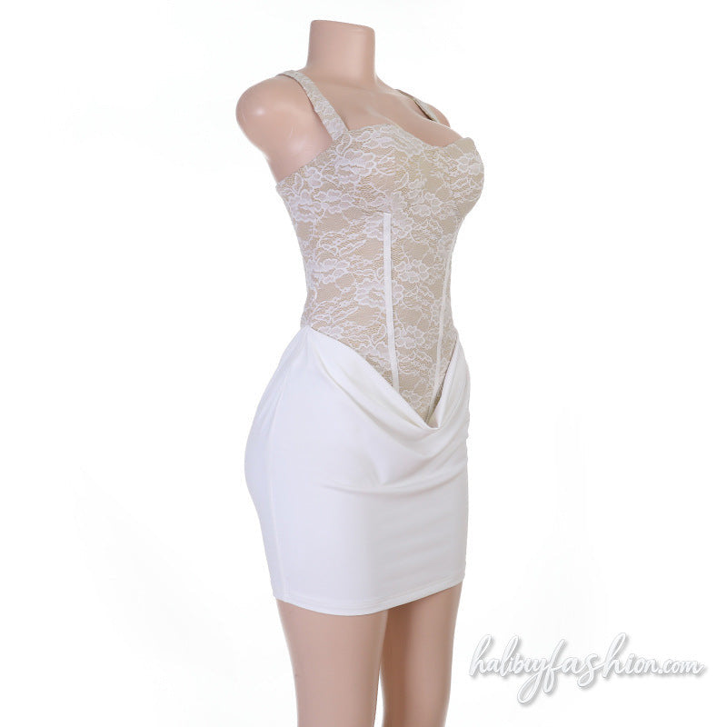 Lace patchwork backless o ring cami mini dress