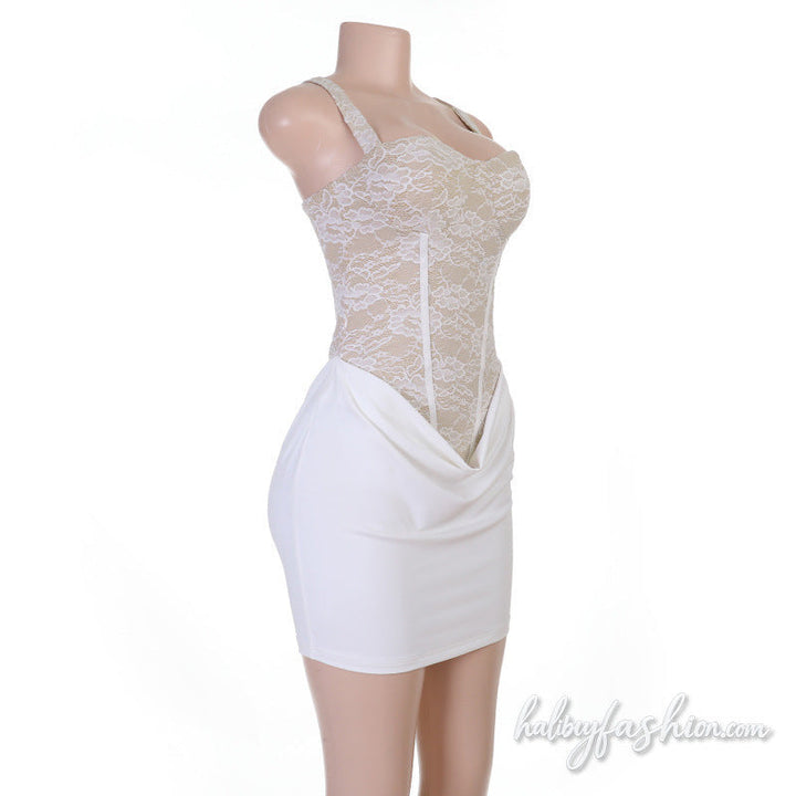 Lace patchwork backless o ring cami mini dress