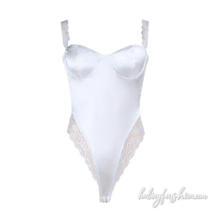 Lace hem satin backless solid cami bodysuit