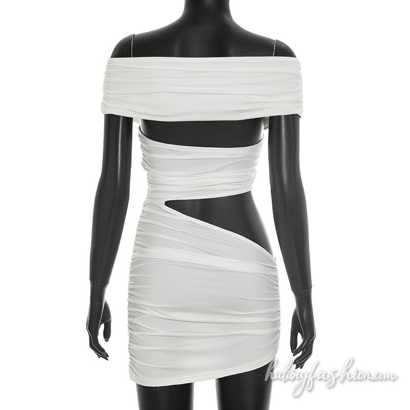 Hollow out irregular off shoulder ruched mini dress - Halibuy - 6
