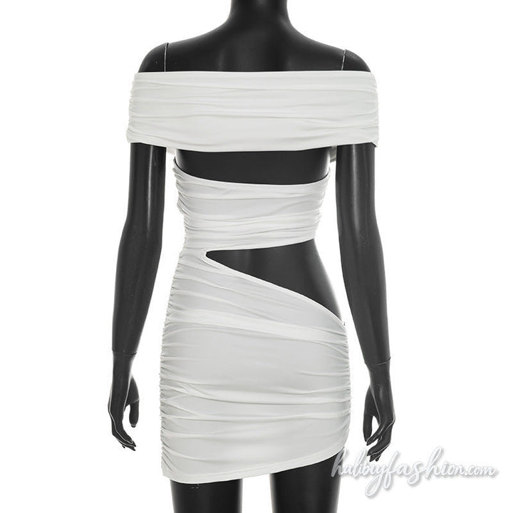 Hollow out irregular off shoulder ruched mini dress - Halibuy - 6