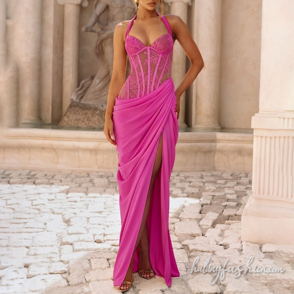 Self tie halter lace ruched irregular slit maxi dress - Halibuy - 17