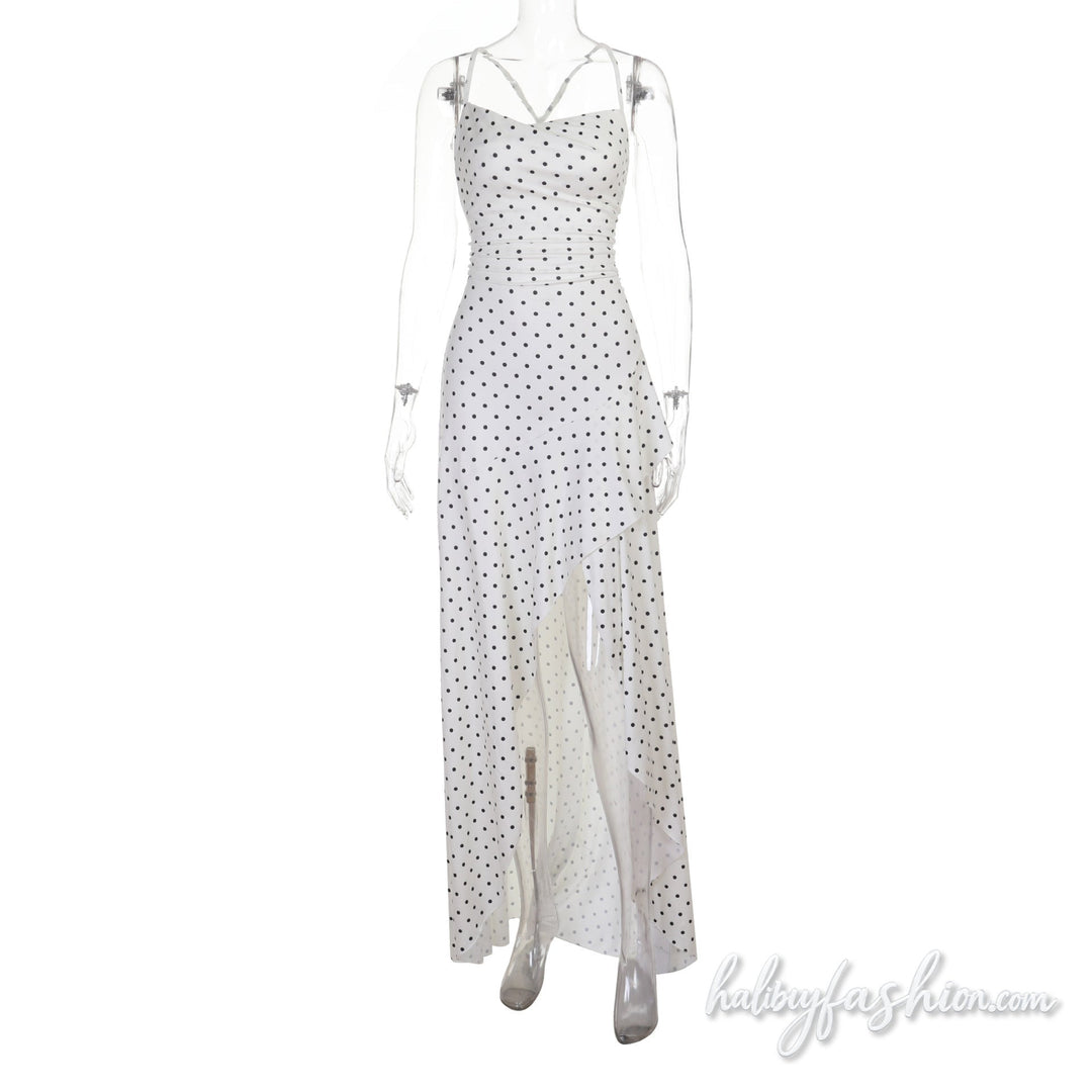 Polka dot irregular cross back self tie maxi dress