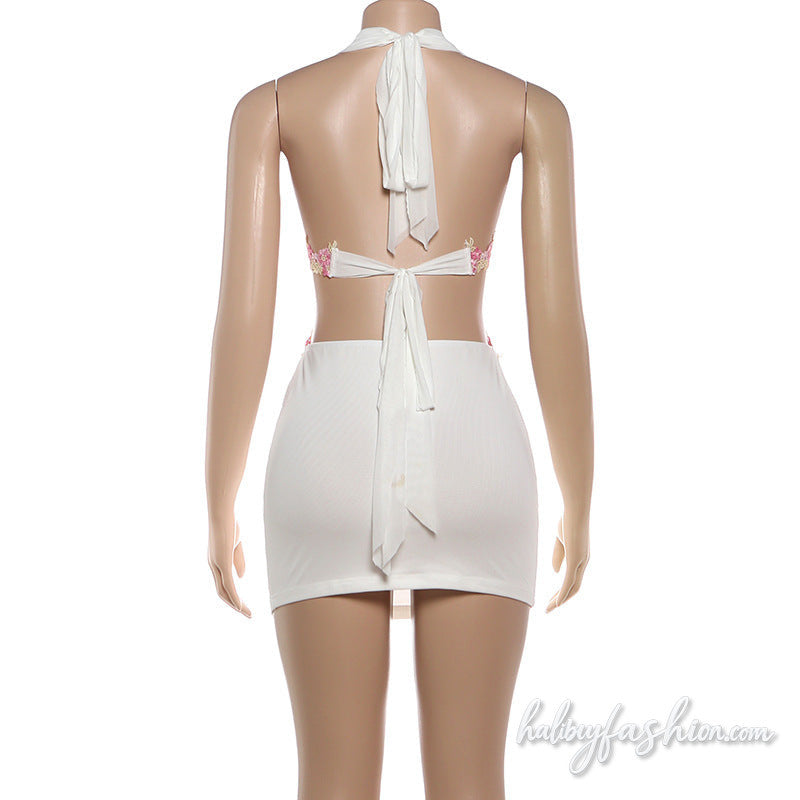 Halter self tie ruched hollow out mini dress