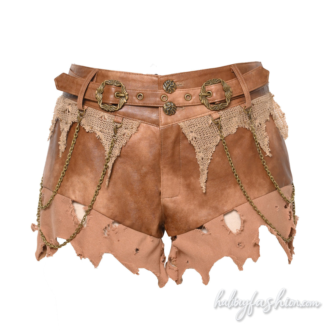 Ripped metal chain button PU leather short pant - Halibuy - 2