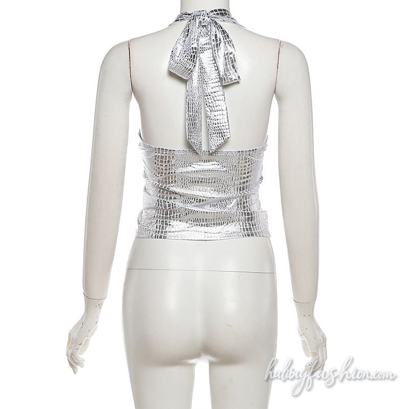 Metallic halter self tie hollow out ruched v neck top - Halibuy - 6