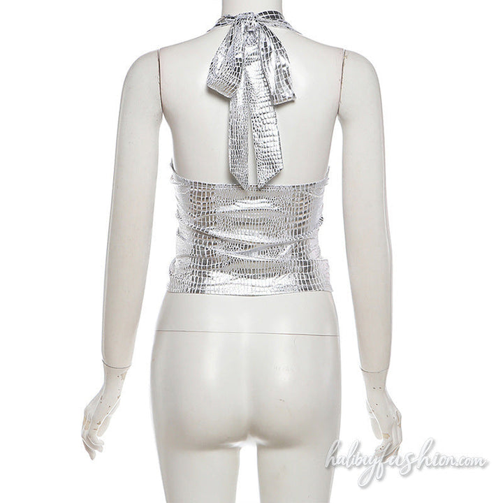Metallic halter self tie hollow out ruched v neck top - Halibuy - 6