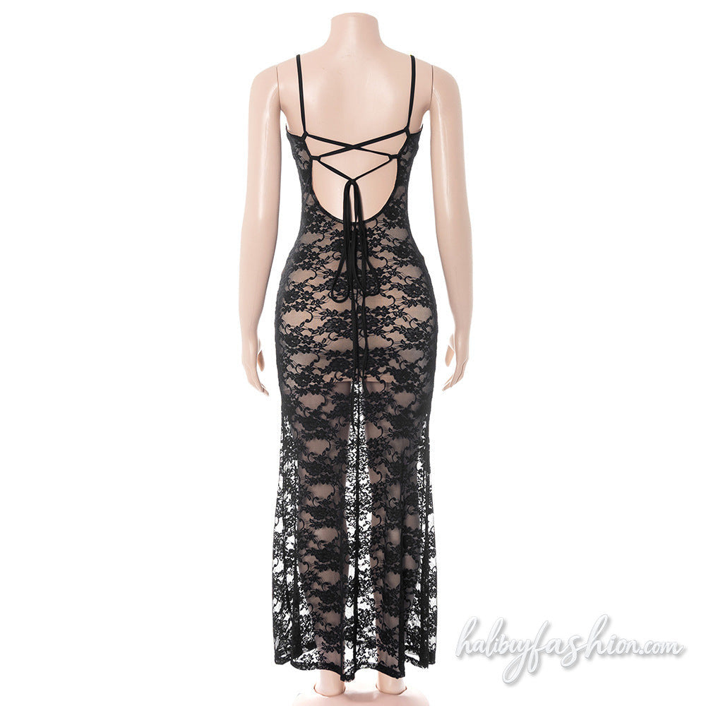 Lace u neck backless cami maxi dress - Halibuy - 4