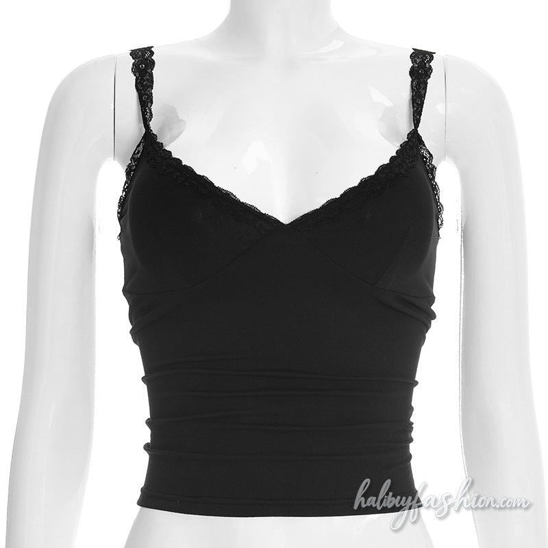 Lace hem v neck backless solid cami top