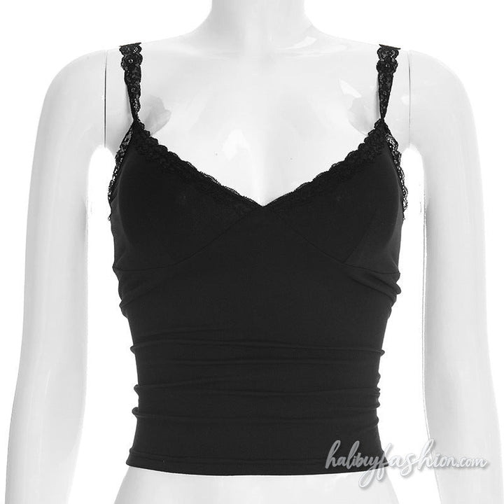 Lace hem v neck backless solid cami top