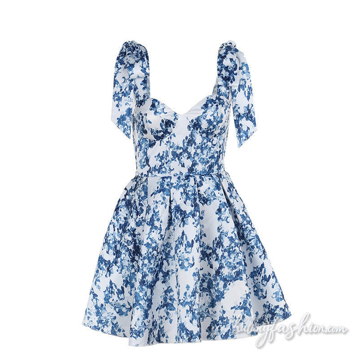 Print v neck smocked self tie cami mini dress