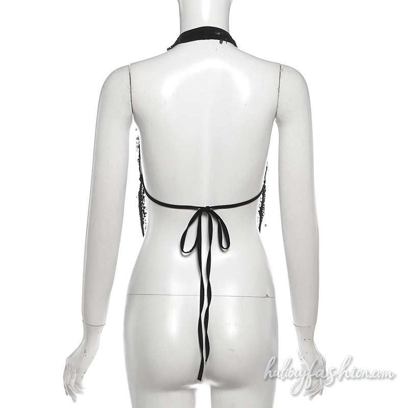 Halter self tie glitter hollow out backless top