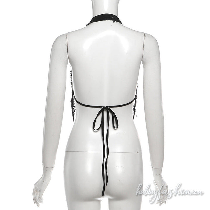 Halter self tie glitter hollow out backless top