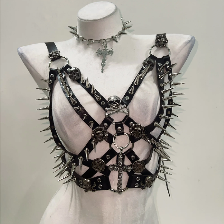 Rivet harness skull applique corset slit mini skirt set  | Festival Outfits Women
