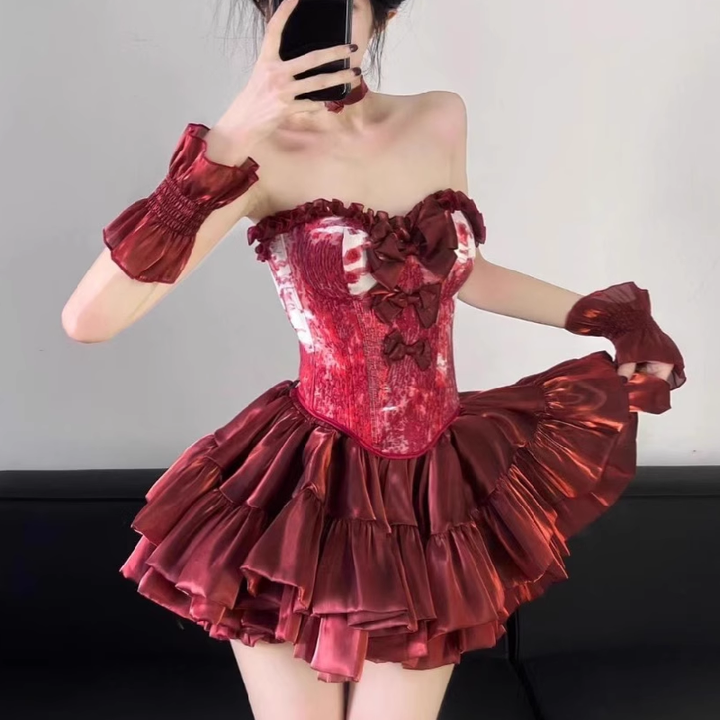 Ruffle bowknot ruched print tube mini skirt set  | Festival Outfits Women