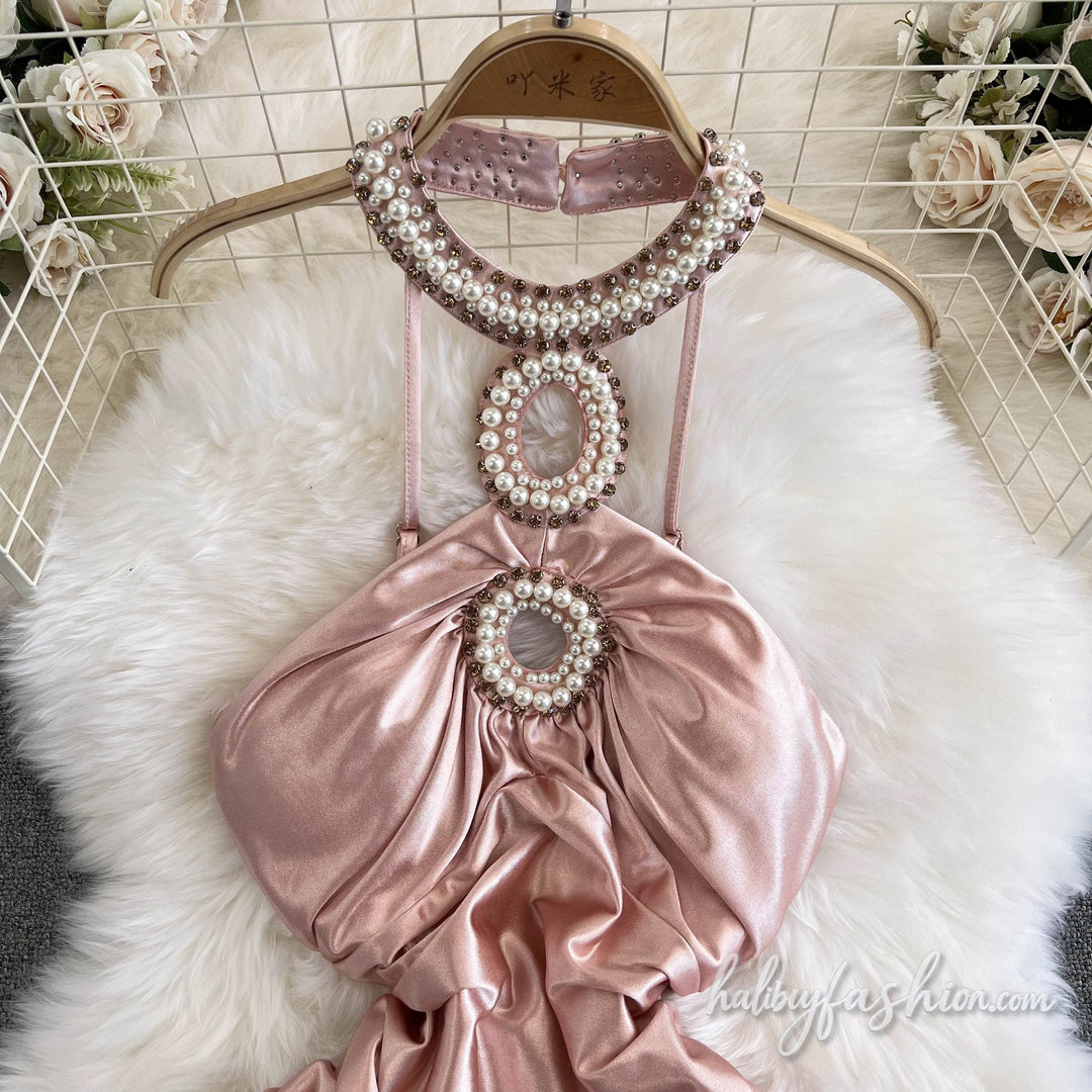 Backless ruched zip-up beaded satin mini dress