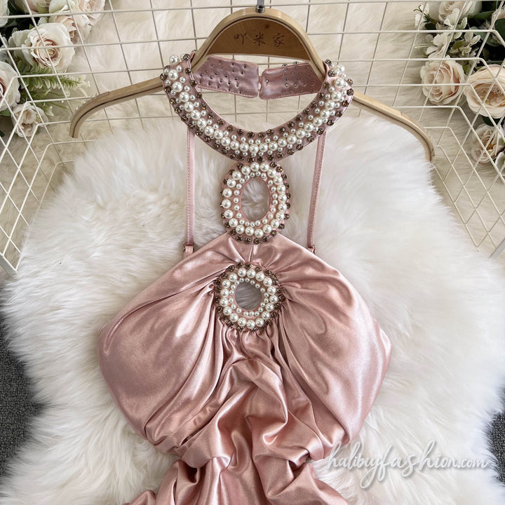 Backless ruched zip-up beaded satin mini dress