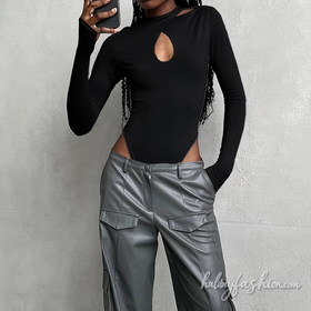Hollow out long sleeve crewneck solid bodysuit