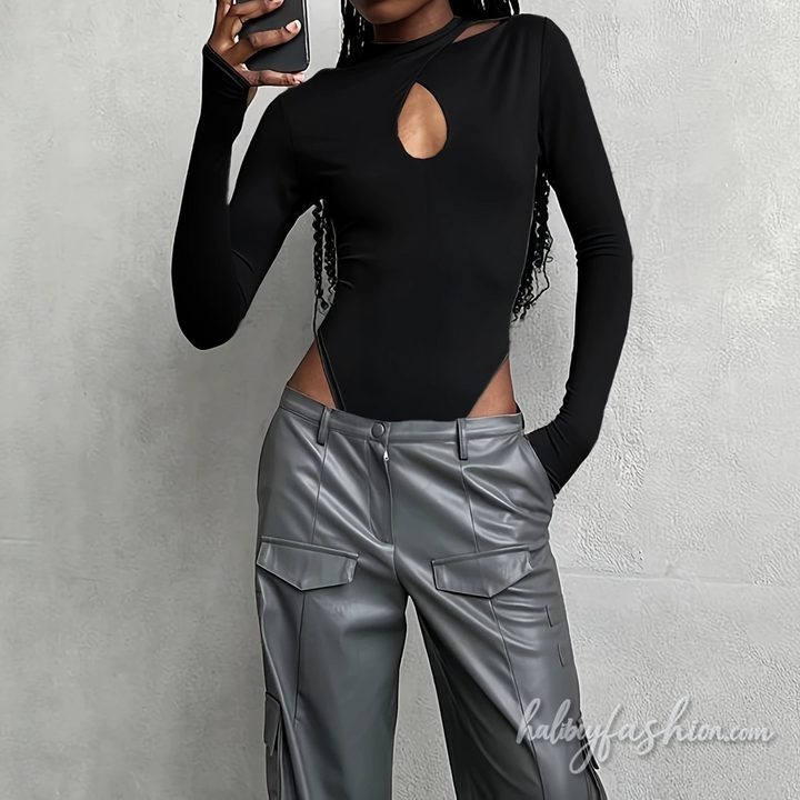 Hollow out long sleeve crewneck solid bodysuit