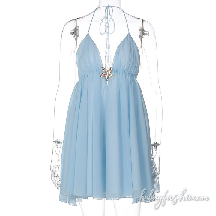 Halter self tie v neck ruched chiffon mini dress