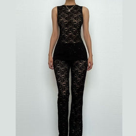 Crewneck lace sleeveless solid medium rise pant set  | Festival Outfits Women