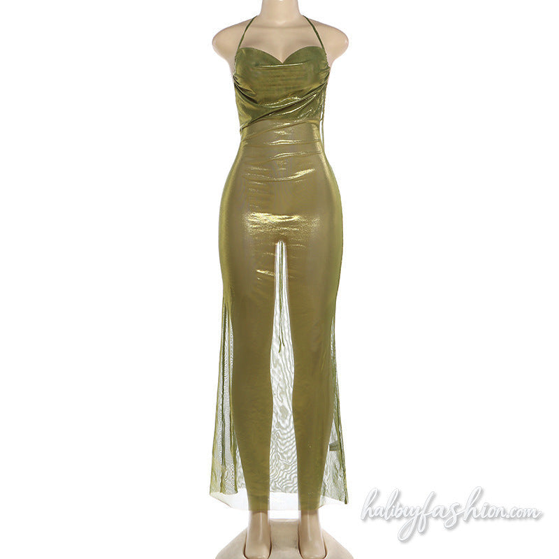 Ruched see through self tie halter maxi dress