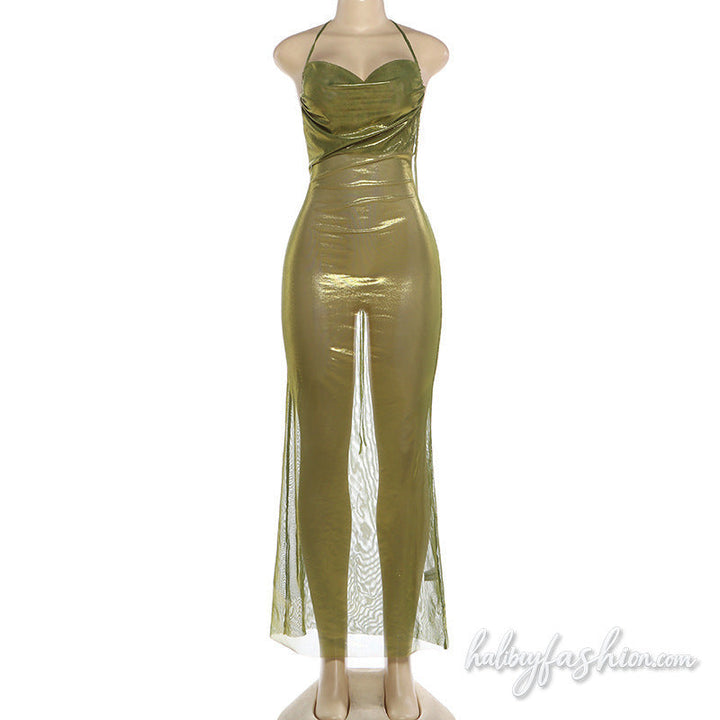 Ruched see through self tie halter maxi dress