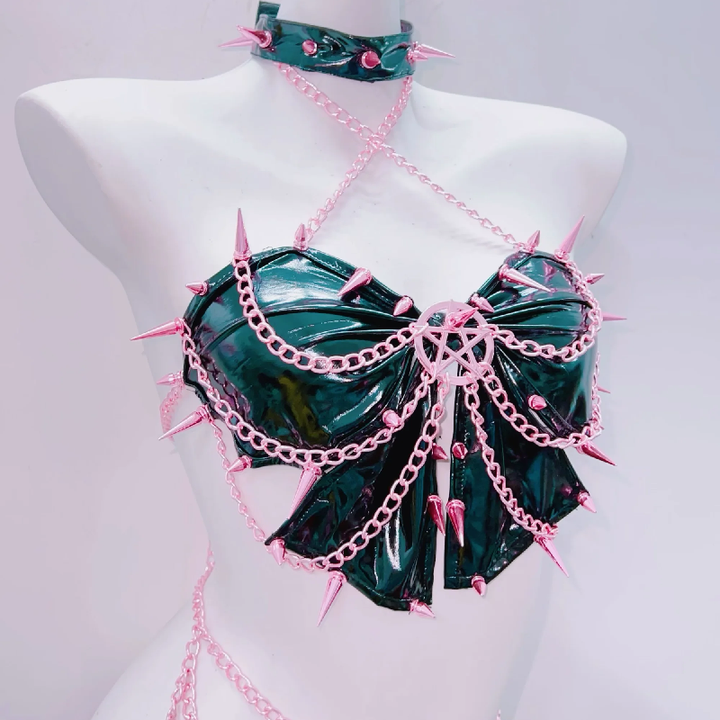 Metal chain rivet applique cross front pant set  | Festival Outfits Women